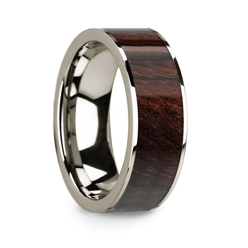 women's ethically sourced engagement ring-14k White Gold Men’s Flat Wedding Ring with Bubinga Wood Inlay - 8mm