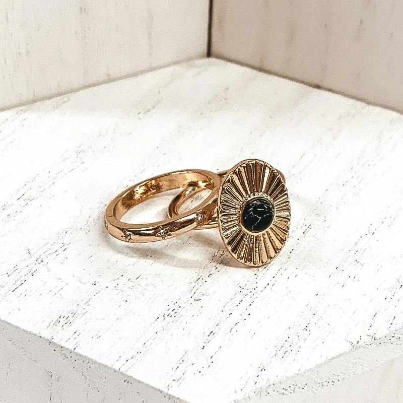 women's bar setting ring-Set of 2 | Oval Shaped Sunburst Gold Tone Ring Set with Center Stone in Black