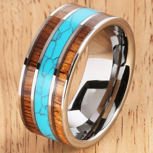 women's celebrity-style engagement ring-Koa Wood Turquoise Wedding Ring Flat Mens Ring 10mm Flat Shape Hawaiian Ring