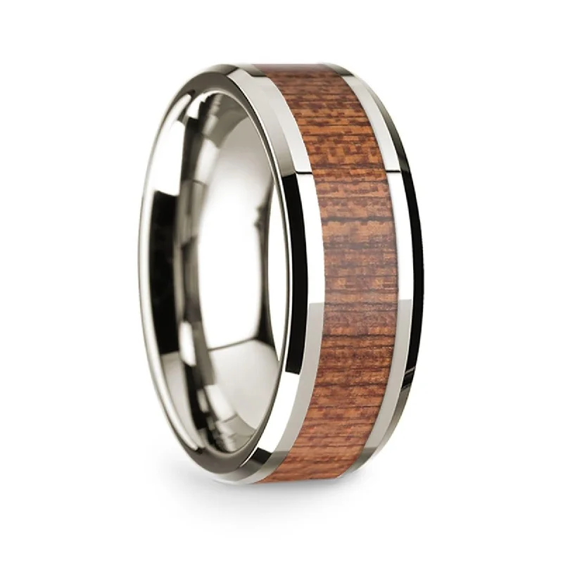 women's non-traditional engagement ring-14k White Gold Polished Beveled Edges Wedding Ring with Cherry Wood Inlay - 8 mm