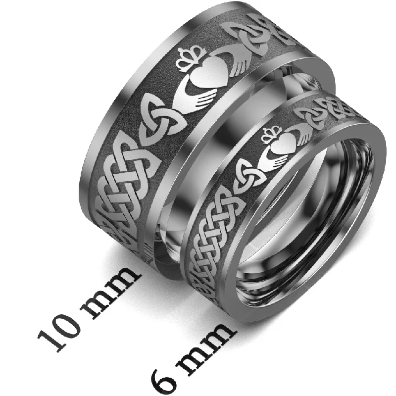 women's extravagant engagement ring-Titanium Claddagh Wedding Ring Set 1 - UCL1-10M6M-TITAN-FLAT