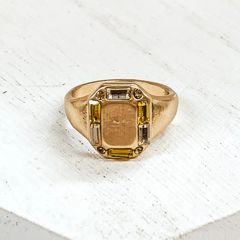 women's stacking ring-Gold Tone Rectangle Shaped Ring with Mix of Yellow Outline Crystals