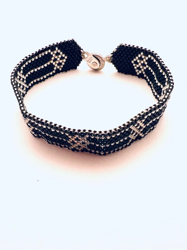 women's affordable necklace-Beaded Art Deco Bracelet, Black and Silver