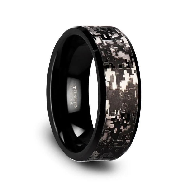 women's stackable engagement ring-SMOKESCREEN Black Tungsten Carbide Wedding Ring with Engraved Digital Camouflage - 8mm