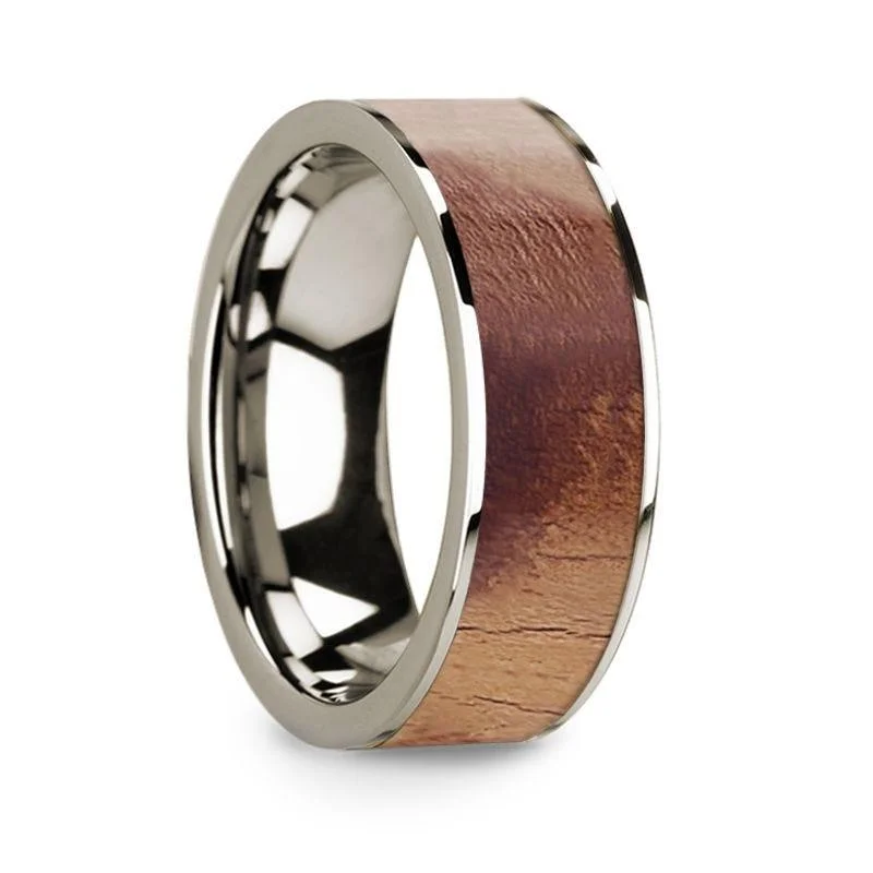 women's eco-friendly engagement ring-Flat Polished 14k White Gold Wedding Ring with Olive Wood Inlay - 8 mm