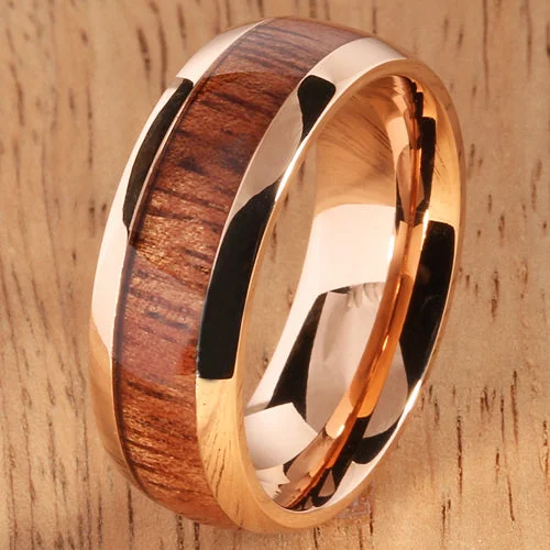 women's matching band engagement ring-Pink Gold Stainless Natural Hawaiian Koa Wood Inlay Mens Wedding Ring Dome Shape 8mm Hawaiian Ring