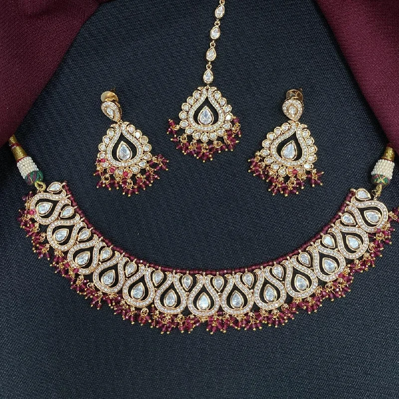 women's princess cut necklace-Shagna Gold Plated Kundan And Austrian Stone Necklace Set