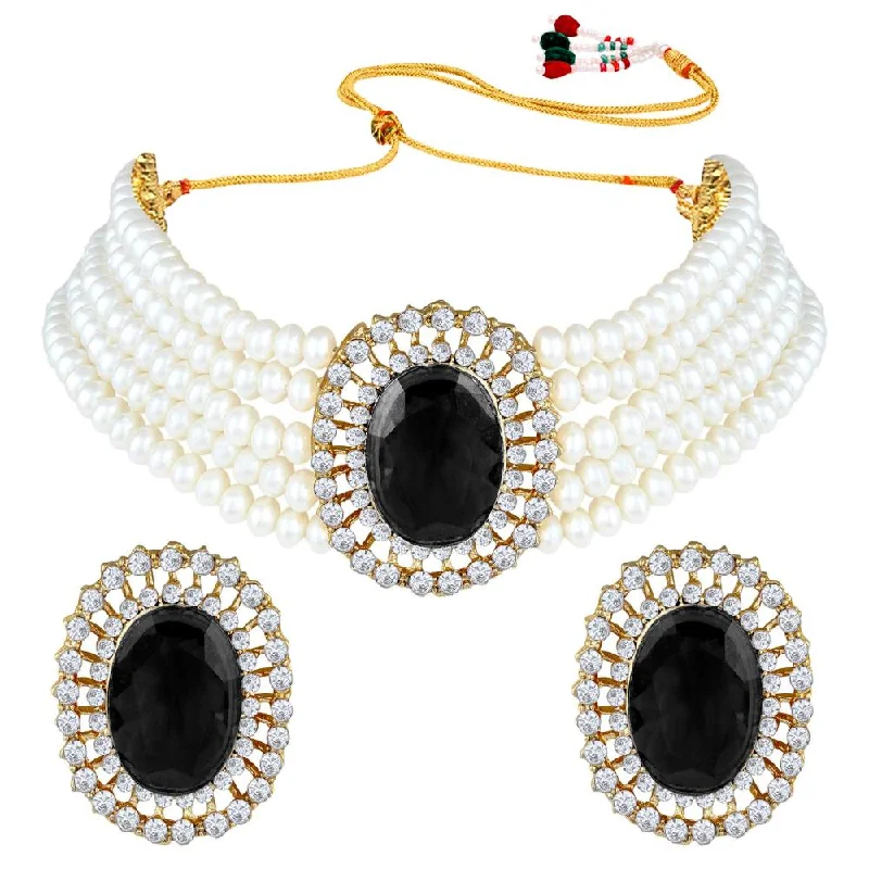 women's snake necklace-Etnico Gold Plated Traditional Stone Studded Pearl Choker Necklace Jewellery Set For Women/Girls (ML316) (Black)