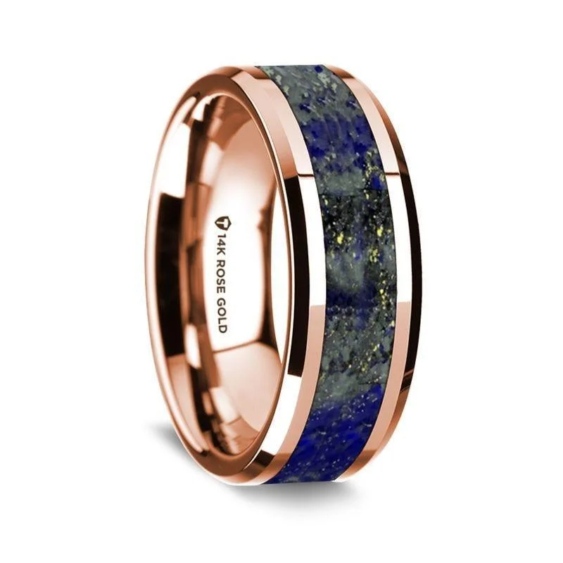 women's antique engagement ring-14k Rose Gold Polished Beveled Edges Wedding Ring with Lapis Inlay - 8 mm