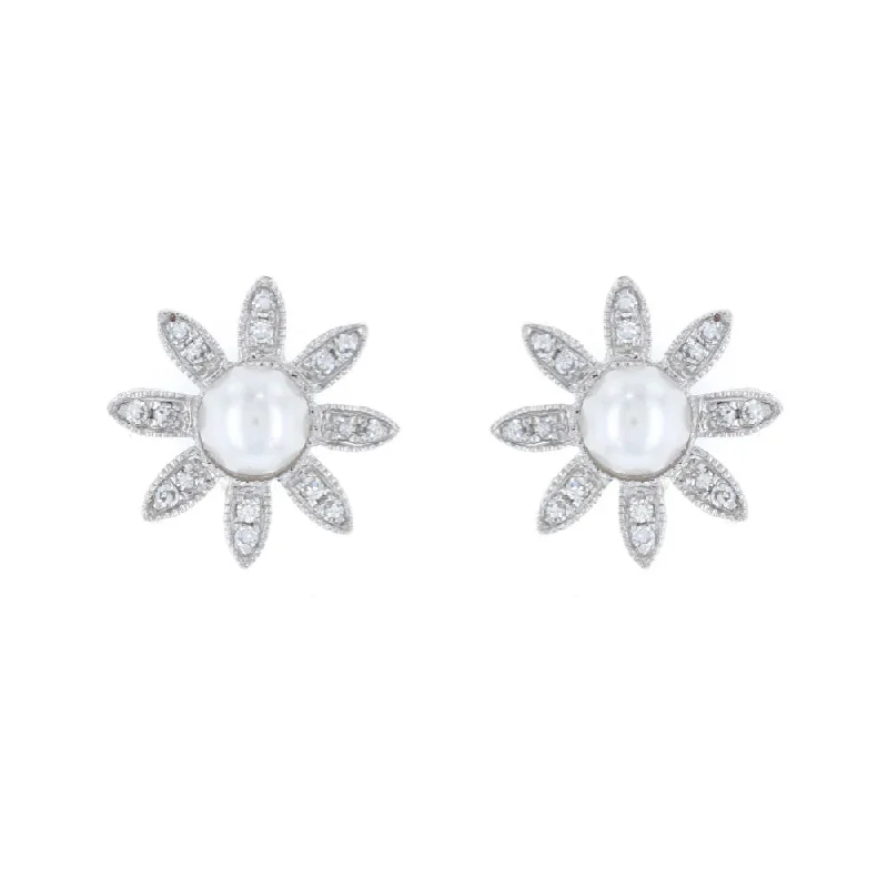 women's nature-inspired ring-Pearl & Diamond Flower Studs