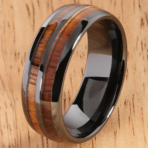 women's birthstone engagement ring-8mm Natural Hawaiian Koa Wood Inlaid High Tech Black Ceramic Double Row Wedding Ring