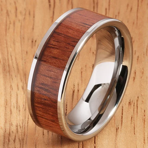 women's three-stone engagement ring-8mm Natural Hawaiian Koa Wood Inlaid Tungsten Flat Wedding Ring