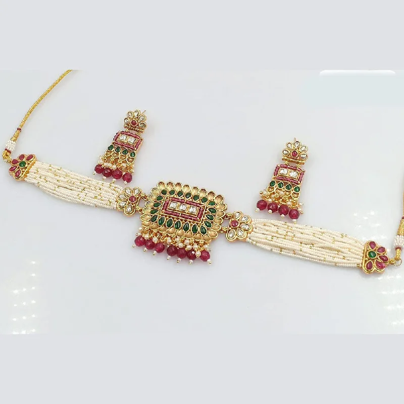 women's initial necklace-Rani Sati Jewels Gold Plated Kundan And Pearl Choker Necklace Set