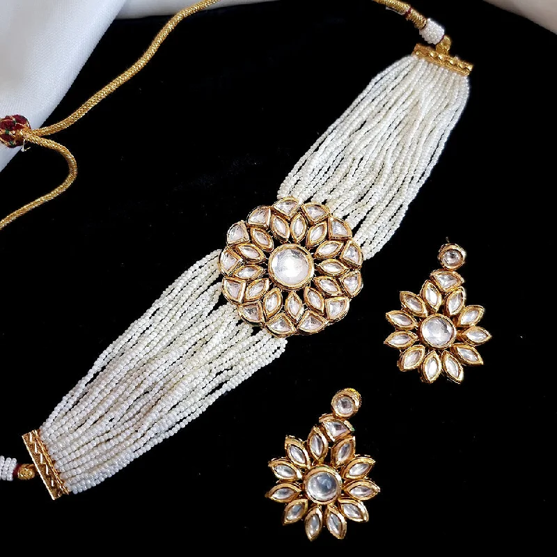 women's gothic necklace-JCM Gold Plated Kundan And Pearl Choker Necklace Set