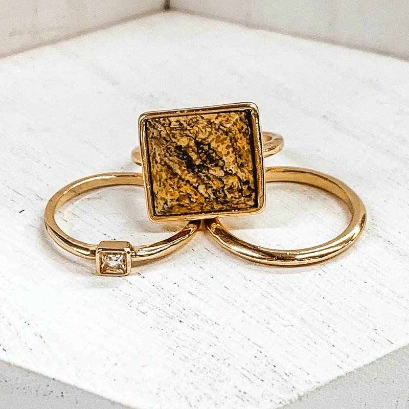 women's handmade ring-Set of 3 | Square Pendant Gold Tone Ring Set in Tan