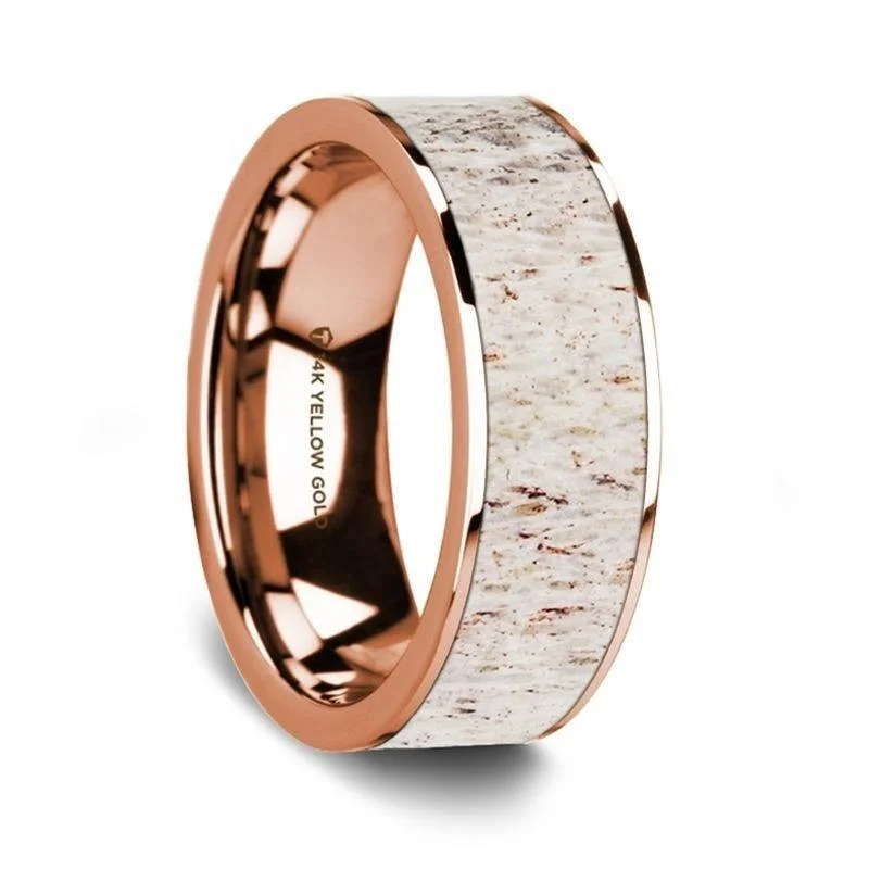 women's statement engagement ring-Flat Polished 14K Rose Gold Wedding Ring with White Deer Antler Inlay - 8 mm