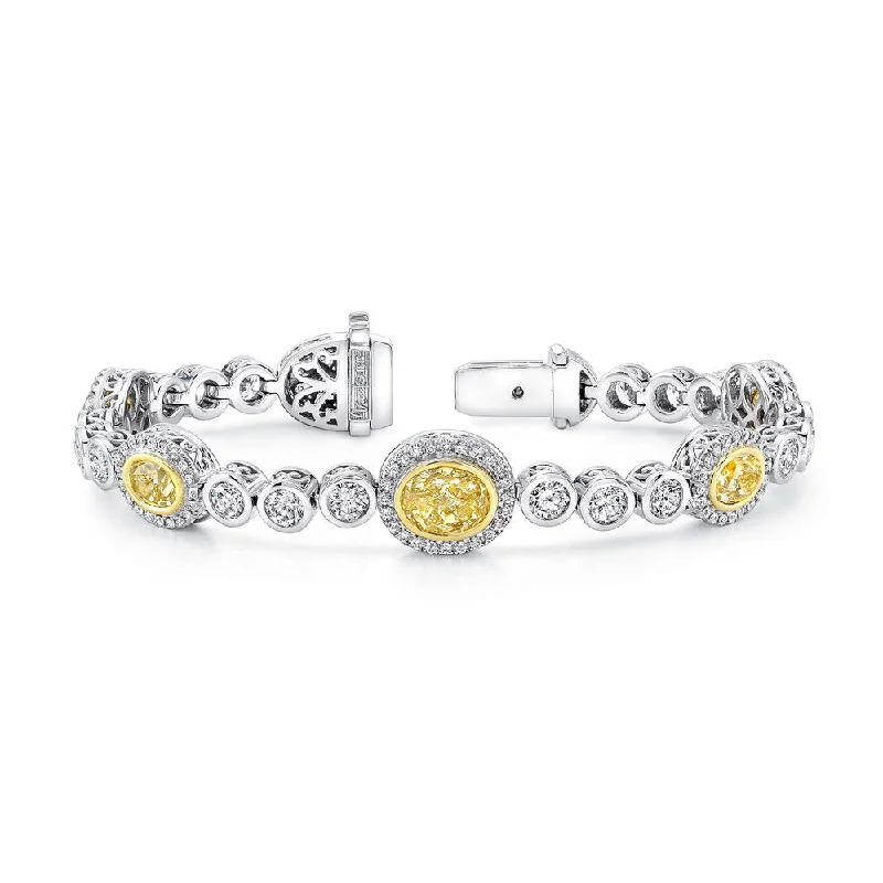 women's bohemian necklace-Uneek Mixed-Size Oval Yellow Diamond Bracelet with Round Colorless Diamond Bezels