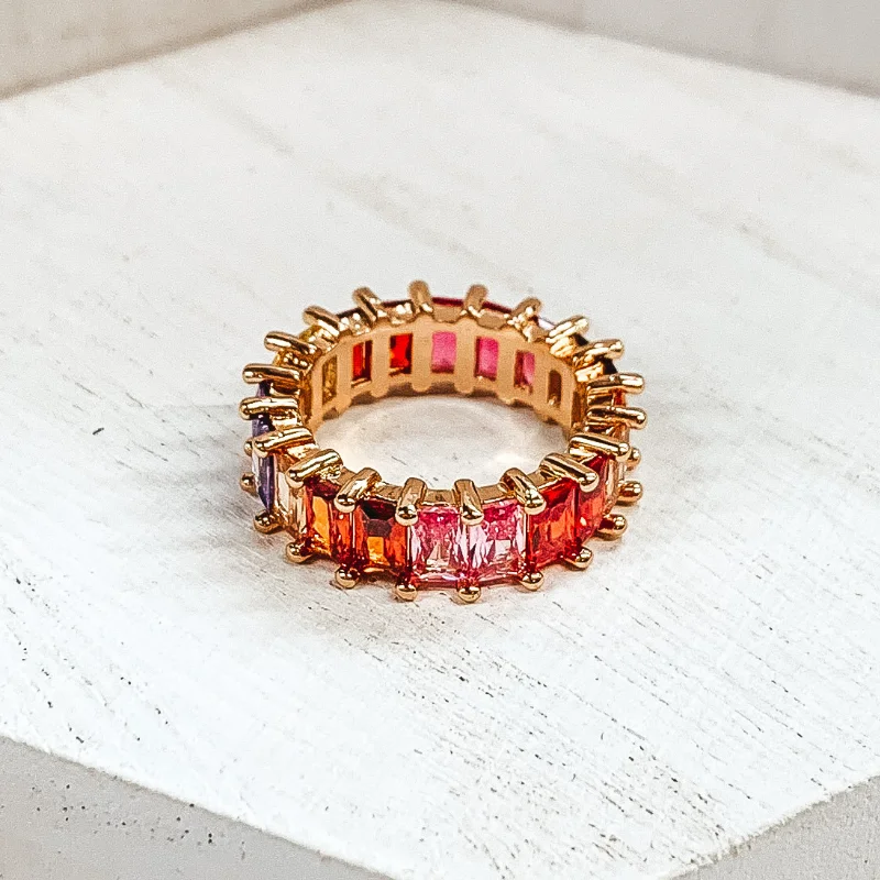 women's aquamarine ring-Gold Tone Ring with Baguette Crystals in Garnet Multicolored