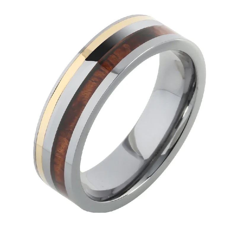 women's custom engagement ring-Tantalum with 14K Yellow Gold and Koa Wood Inlaid Wedding Ring Flat 6mm