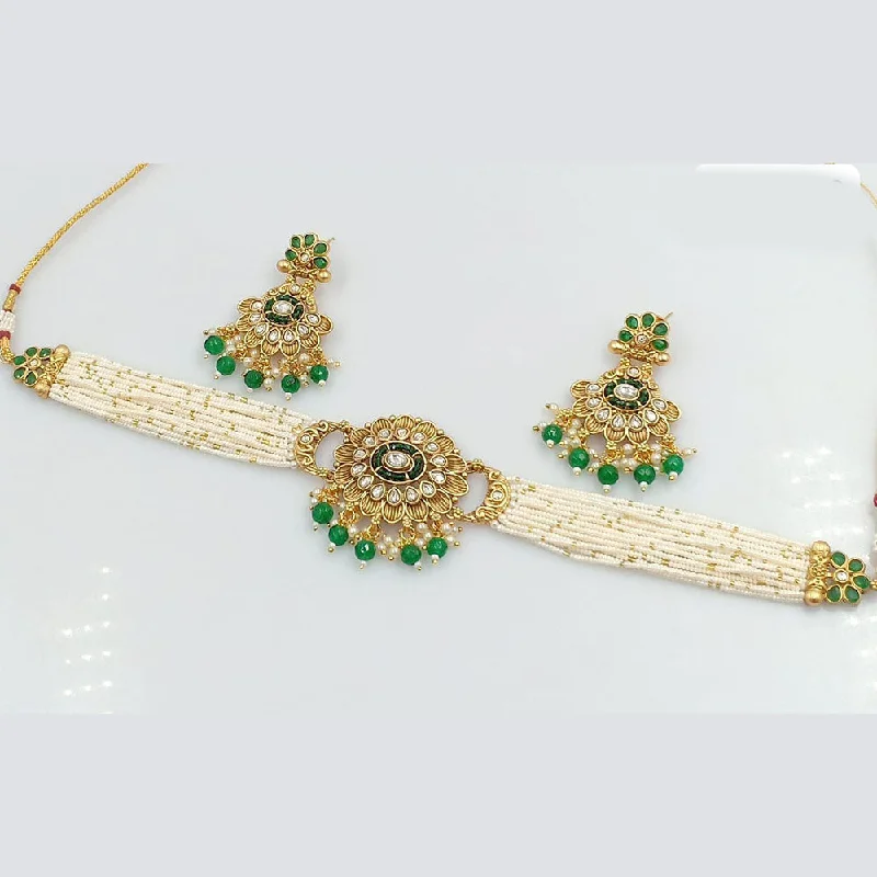 women's bar necklace-Rani Sati Jewels Gold Plated Kundan And Pearl Choker Necklace Set