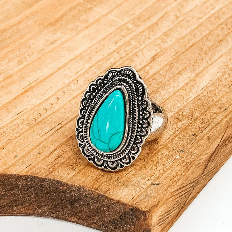 women's minimalist ring-Western Teardrop Silver Tone Stretch Ring in Turquoise