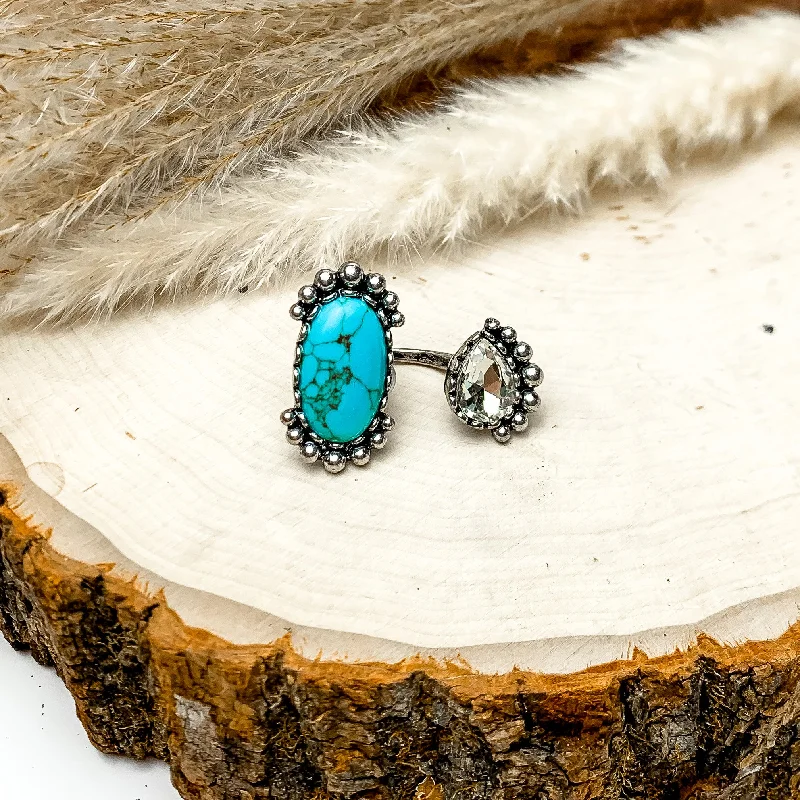 women's tension setting ring-Duo Finger Ring With Turquoise Blue Stone and Clear Crystal