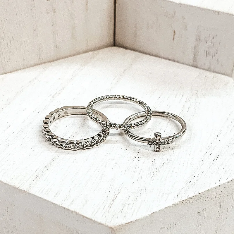 women's animal ring-Set of 3 | Crystal Cross Pendant Ring Set in Silver Tone