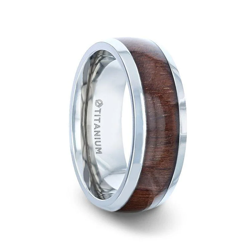 women's gothic engagement ring-CARY Black Walnut Wood Inlaid Titanium Domed Polished Finish Men's Wedding Ring With Beveled Edges - 8mm