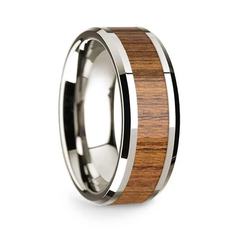 women's matching band engagement ring-14k White Gold Polished Beveled Edges Wedding Ring with Teakwood Inlay - 8 mm