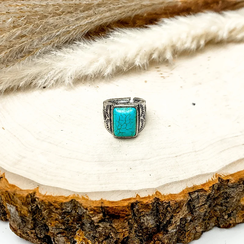 women's pave setting ring-Faux Rectangle Turquoise Stone Stretchy Ring With Silver Tone Design