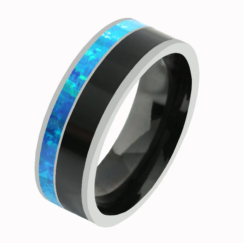 women's gothic engagement ring-Tungsten Blue Opal and Onyx Inlaid Wedding Ring Flat 8mm