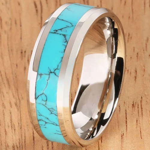 women's floral engagement ring-8mm Blue Turquoise Inlaid Stainless Beveled Edge Wedding Ring