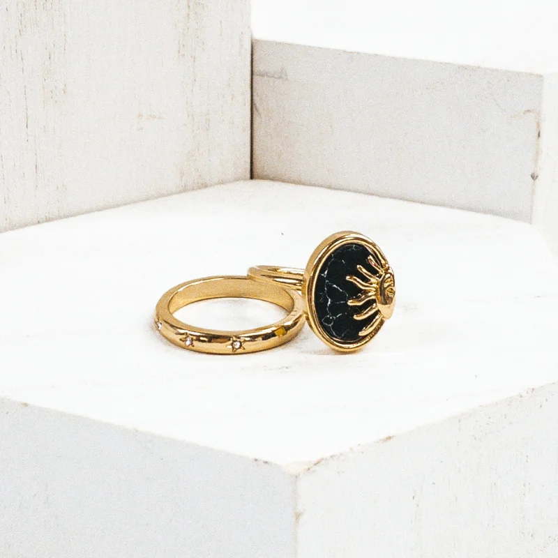 women's dragon ring-Set of 2 | Oval Semi Precious Stone Pendant Gold Tone Ring Set in Black