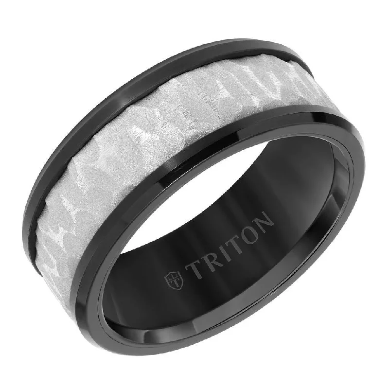 women's twisted band engagement ring-BROCHAN Black Tungsten Two-Tone Polished Beveled Edges Wedding Ring with Sandblasted Textured Center by Triton Rings - 9mm