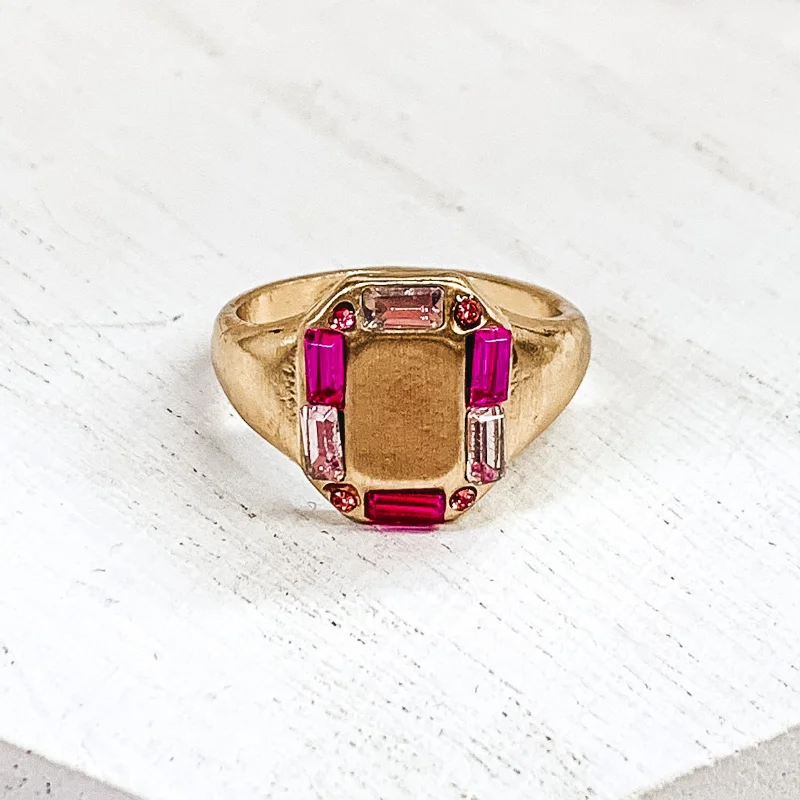 women's adjustable ring-Gold Tone Rectangle Shaped Ring with Mix of Pink Outline Crystals