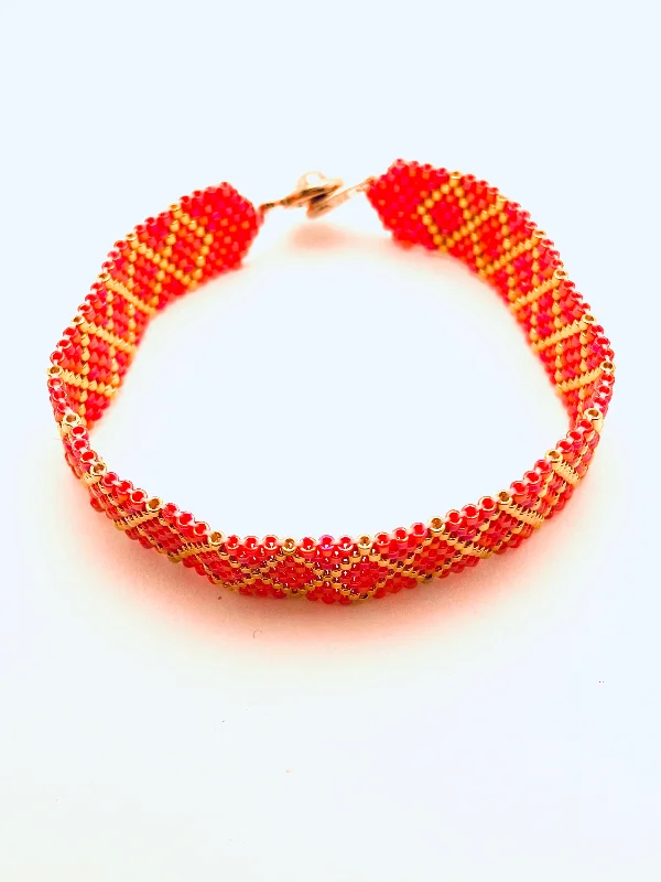 women's anniversary necklace-Beaded Diamond Bracelet, Red and Gold