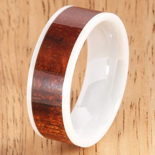 women's princess-cut engagement ring-8mm Natural Hawaiian Koa Wood Inlaid High Tech White Ceramic Flat Wedding Ring