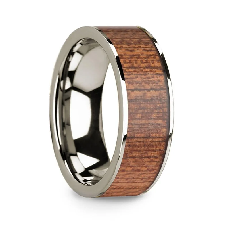 women's handcrafted gemstone engagement ring-Polished 14k White Gold & Cherry Wood Inlay Men’s Flat Wedding Ring - 8mm