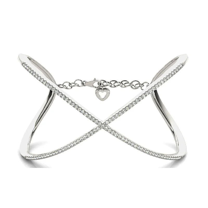 women's classic necklace-Criss Cross 1.63 ctw Round Diamond Cuff Bangle Bracelet With Security Chain