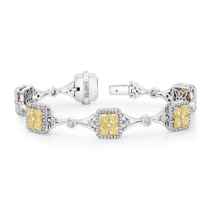 women's handcrafted necklace-Uneek Radiant-Cut Yellow Diamond Cluster Bracelet with Geometric Motif