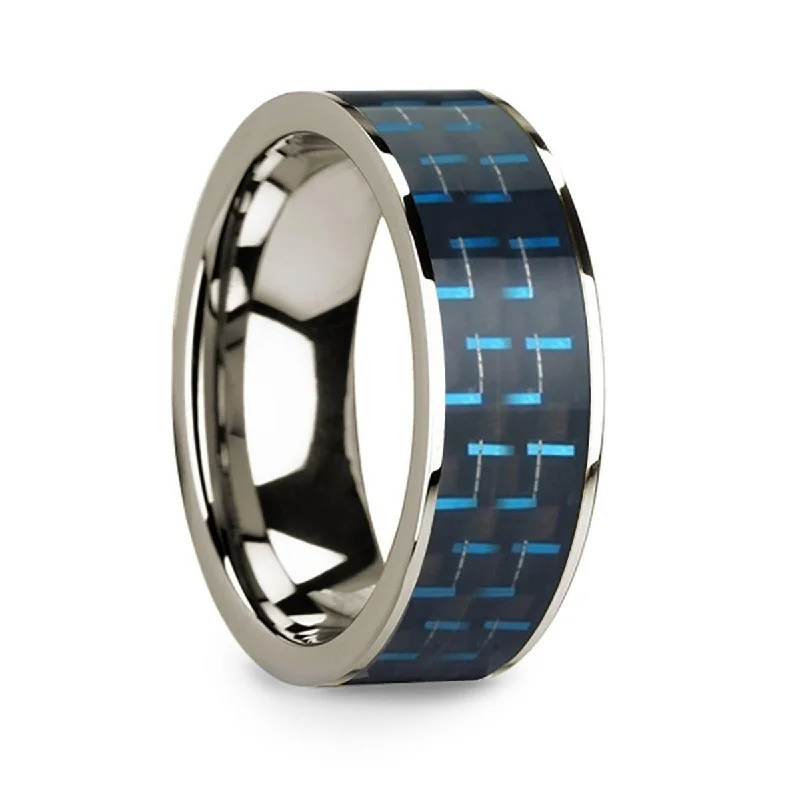 women's petite engagement ring-Polished 14k White Gold & Black/Blue Carbon Fiber Inlaid Flat Wedding Ring - 8mm