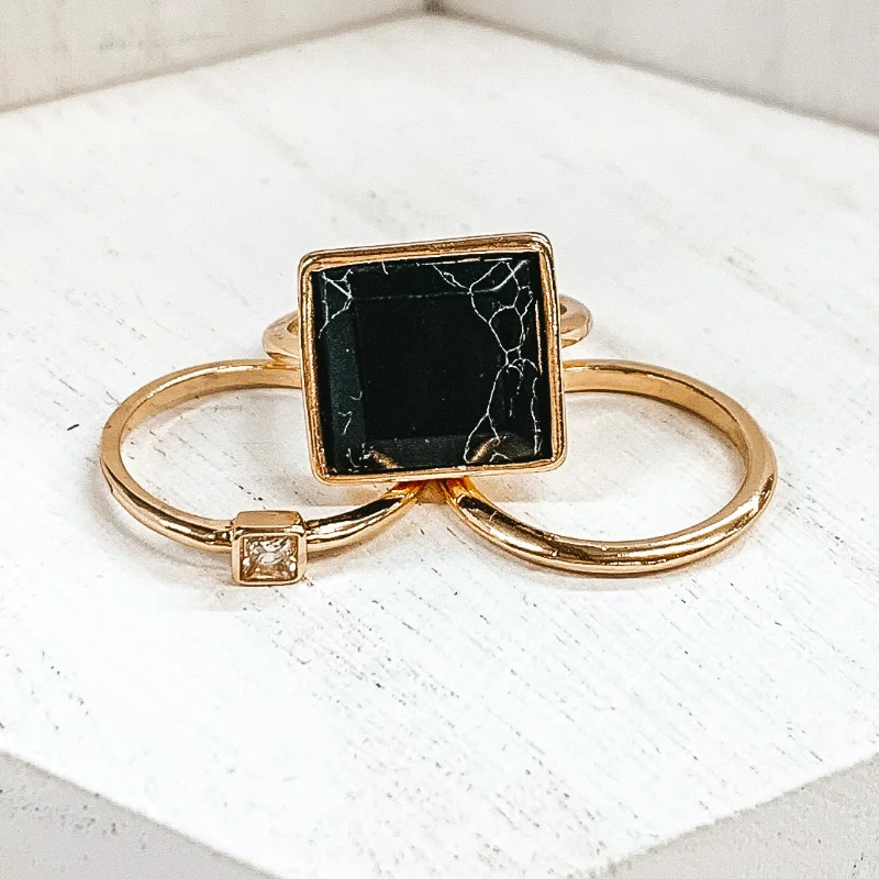 women's personalized ring-Set of 3 | Square Pendant Gold Tone Ring Set in Black