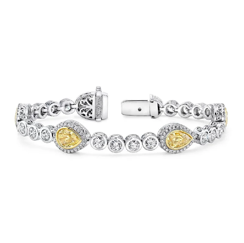 women's art deco necklace-Uneek Pear-Shaped Yellow Diamond Bracelet with Round Colorless Diamond Bezels