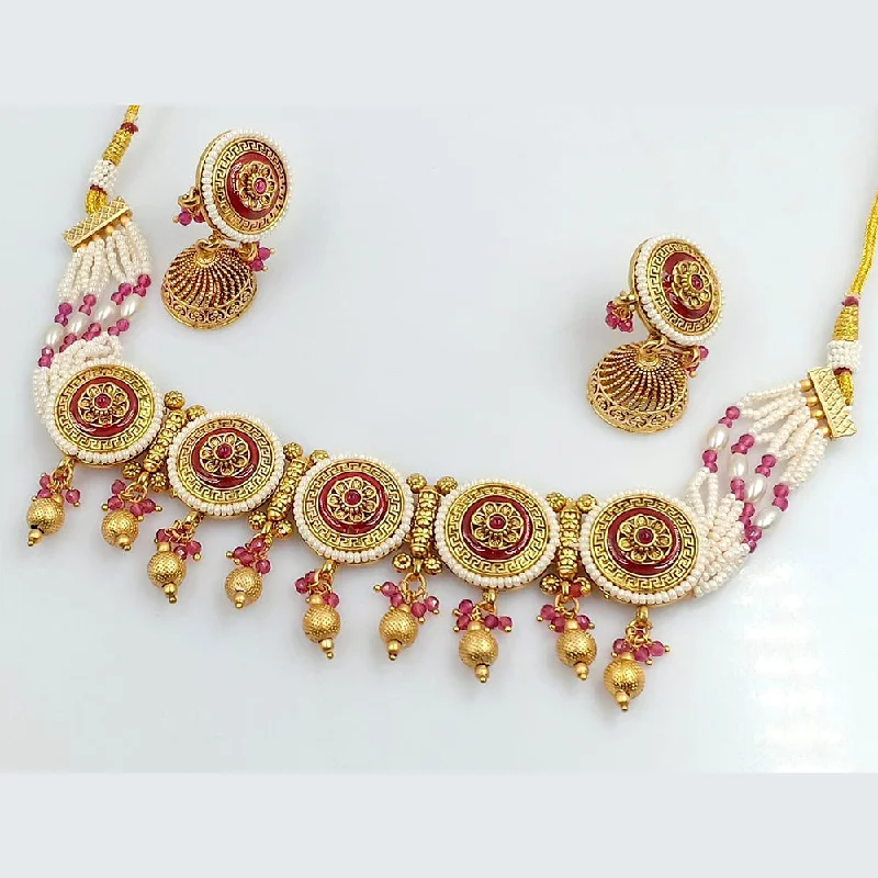 women's floral necklace-Kavita Art Gold Plated Pota Stone Choker Necklace Set