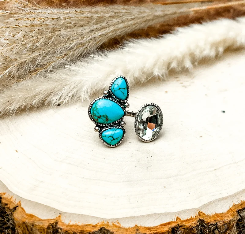 women's prong setting ring-Duo Finger Ring With Multiple Turquoise Blue Stones and a Clear Crystal