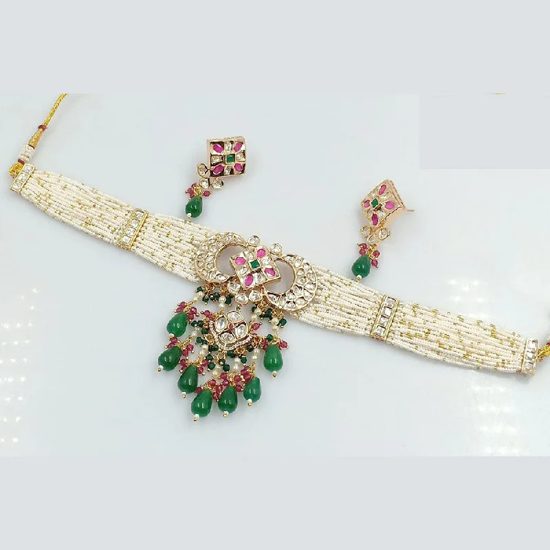 women's cross necklace-Rani Sati Jewels Gold Plated Kundan And Pearl Choker Necklace Set