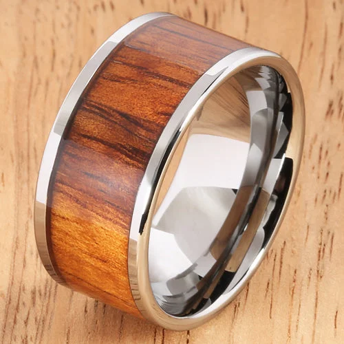 women's baroque engagement ring-Natural Hawaiian Koa Wood Inlaid Tungsten Wedding Ring Flat 12mm Band Hawaiian Ring