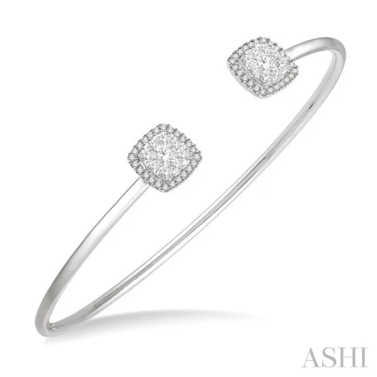 women's pear-shaped necklace-3/4 Ctw Cushion Shape Lovebright Open Cuff Diamond Bangle in 14K White Gold