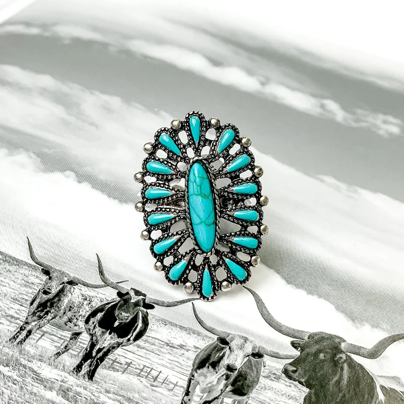 women's toe ring-Oval Faux Stone Cluster Cuff Ring in Turquoise