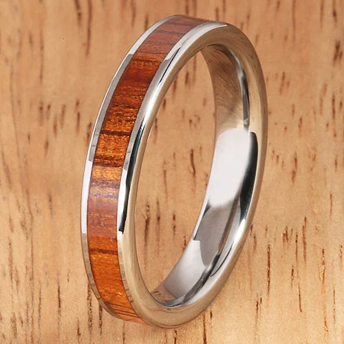 women's double halo engagement ring-4mm Natural Hawaiian Koa Wood Inlaid Tungsten Flat Wedding Ring